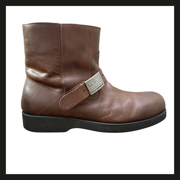 Polo Ralph Lauren Jeans Men’s Leather Engineer Moto Boots 11.5D Brown Zip Strap - Picture 1 of 15